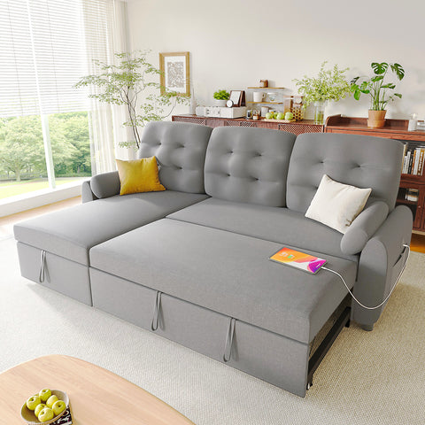 Ucloveria Sectional Sofa Couch, 87"/112" Sleeper Sofa Bed with Reversible Storage Chaise Pull Out Couch for Living Room | Side Pocket | Charging Station | Removable Backrest | Linen Fabric