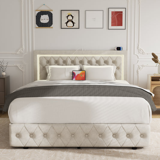 Ucloveria Queen Bed Frame with 4 Storage Drawers, Upholstered Platform Bed Frame with Type-C & USB Ports, Adjustable Button Tufted Headboard, Mattress Foundation with Slats Support, No Box Spring Needed