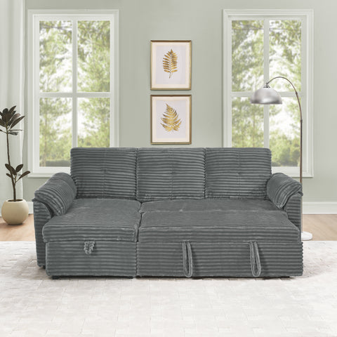 Corduroy Tufted Upholstered Sleeper Sectional Sofa, L-Shaped Modular Convertible Sofa with Storage Chaise, Pull Out Sleep Couch Bed and Reclining Backrest Perfect for Living Space,Grey