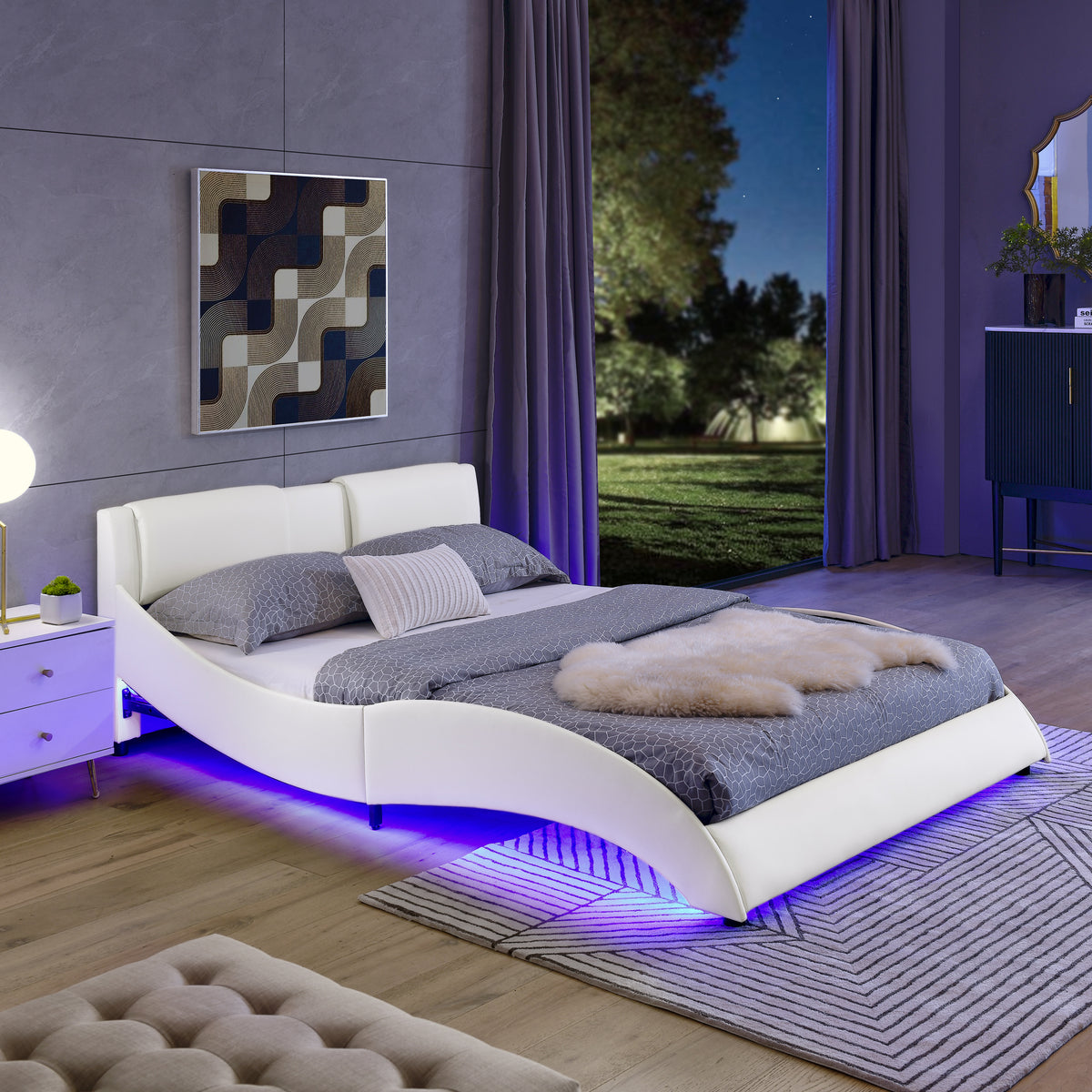 Queen Led Bed Frame Modern Faux Leather Upholstered Platform Bed Frame with RGB LED Lights and Headboard Wave Like Curve Low Profile Bed Frame,Wood Slats Support,Easy Assembly, White