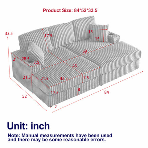 84Inch Corduroy 3-seater sofa With 3 back pillows ,2 toss pillows , a ottoman ,2storage spaces and cup-holding grooves Comfy Sofa- Deep Seat Couch for Living Room