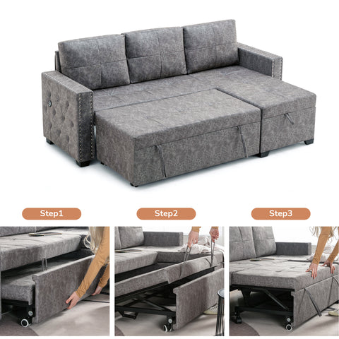 84" L Sectional Sofa with 2 USB Charger,2 seats  Sofa Bed With  Storage chaise,Sleeper Independent Use as Coffee Table,Nail headed,3-seat