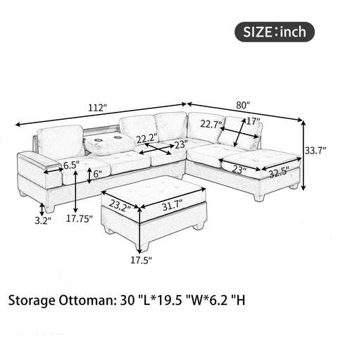 Orisfur. Modern Sectional Sofa with Reversible Chaise, L Shaped  Couch Set with Storage Ottoman and Two Cup Holders for Living Room