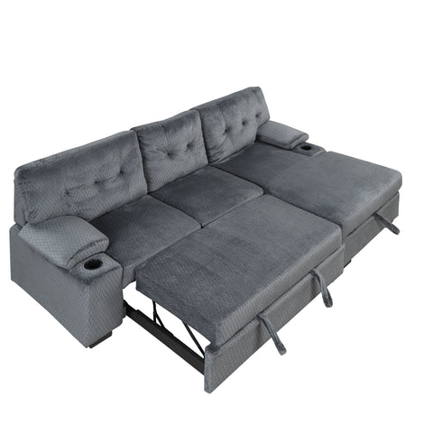 95.7" Modern Padded Upholstered  Sofa Bed Sleeper Sectional Sofa with Storage Chaise and Cup Holder for Living Room Furniture Set