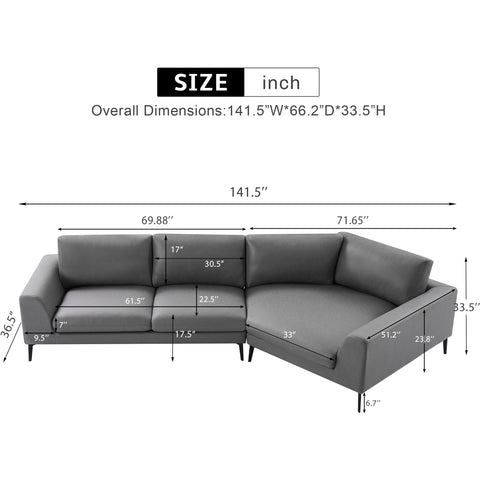 [Video]141.5" Huge a Shaped Corner Sofa with Metal Legs,Large Corner Wedge with Deep Seat,99% Finished, Modern English Arm,Right-handed,Leathaire Fabric,Grey