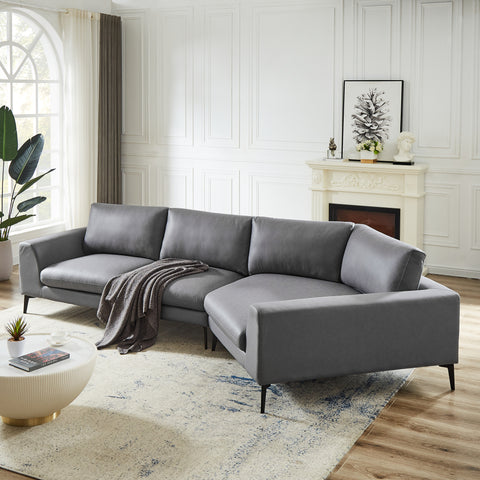 [Video]141.5" Huge a Shaped Corner Sofa with Metal Legs,Large Corner Wedge with Deep Seat,99% Finished, Modern English Arm,Right-handed,Leathaire Fabric,Grey