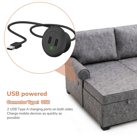 108.75" Sectional U-Shaped Sofa with 2 USB Chargers,2-seat  Sofa Bed With Double Storage Chaise longue,Sleeper Independent Used as Coffee Table,Seating Capacity 6