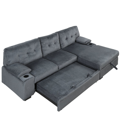 95.7" Modern Padded Upholstered  Sofa Bed Sleeper Sectional Sofa with Storage Chaise and Cup Holder for Living Room Furniture Set