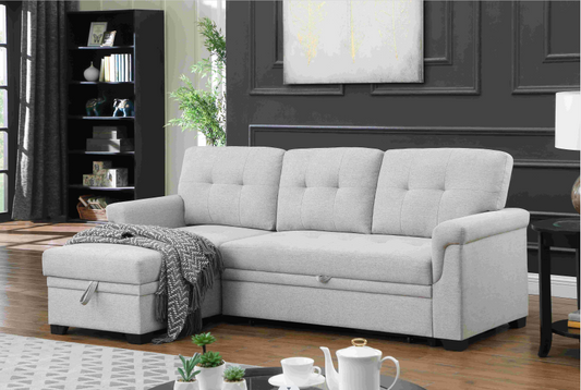 Light Gray Linen Reversible Sleeper Sectional Sofa with Storage Chaise