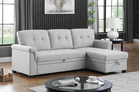 Light Gray Linen Reversible Sleeper Sectional Sofa with Storage Chaise