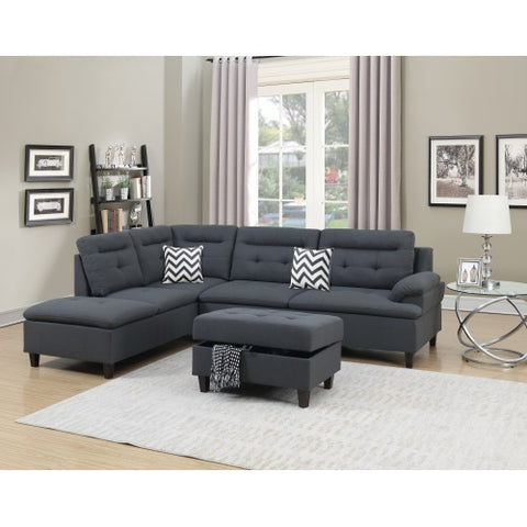 Living Room Furniture Black Cushion Sectional w Ottoman Linen Like Fabric Sofa Chaise