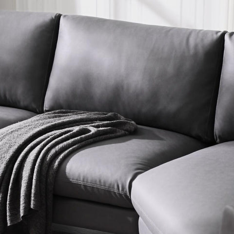 [Video]141.5" Huge a Shaped Corner Sofa with Metal Legs,Large Corner Wedge with Deep Seat,99% Finished, Modern English Arm,Right-handed,Leathaire Fabric,Grey