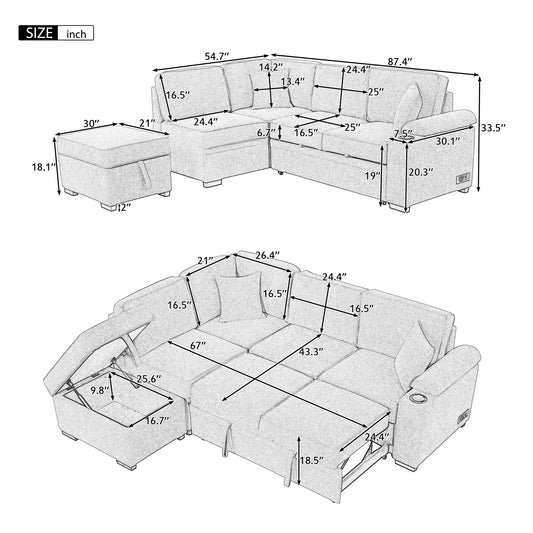 87.4" Sleeper Sofa Bed,2 in 1 Pull Out sofa bed L Shape Couch with Storage Ottoman for Living Room,Bedroom Couch and Small Apartment，Gray