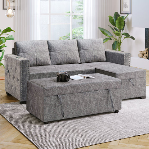 84" L Sectional Sofa with 2 USB Charger,2 seats  Sofa Bed With  Storage chaise,Sleeper Independent Use as Coffee Table,Nail headed,3-seat