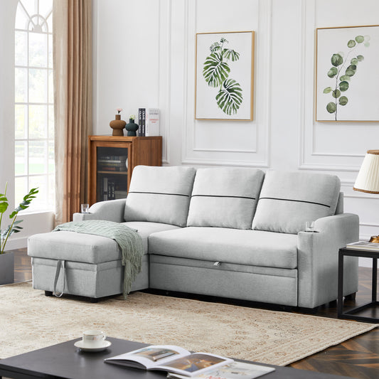 Ucloveria Sectional Sofa Couch - 82" Sleeper Sofa Bed with Reversible Storage Chaise, Cup Holders, and Thick Cushions - L-Shape Lounge 2 in 1 Futon Sofa for Living Room - Grey