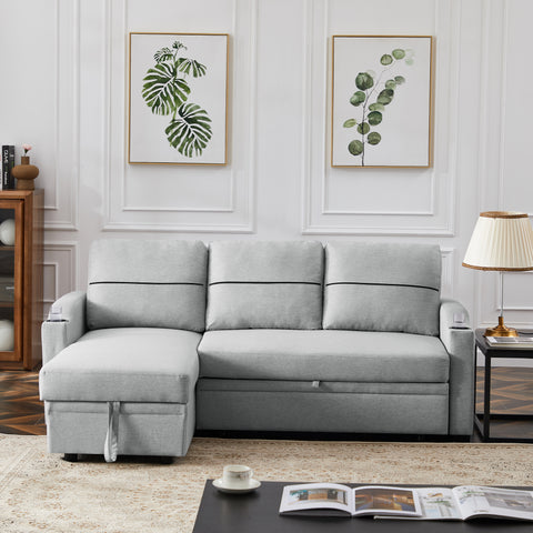 Ucloveria Sectional Sofa Couch - 82" Sleeper Sofa Bed with Reversible Storage Chaise, Cup Holders, and Thick Cushions - L-Shape Lounge 2 in 1 Futon Sofa for Living Room - Grey