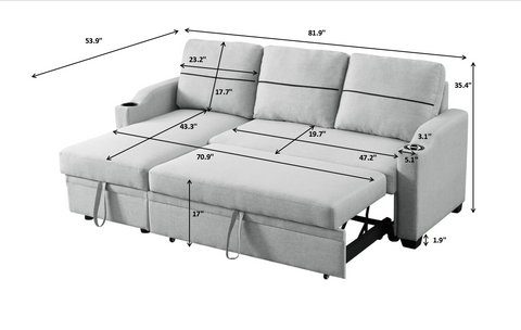 Ucloveria Sectional Sofa Couch - 82" Sleeper Sofa Bed with Reversible Storage Chaise, Cup Holders, and Thick Cushions - L-Shape Lounge 2 in 1 Futon Sofa for Living Room - Grey