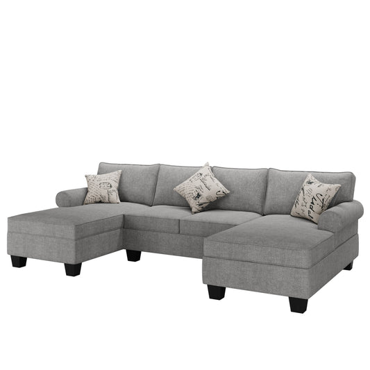 Family-Friendly 3pc U Shaped Sectional with 2 Storage Chaises, Rolled Arm with 3 Throw Pillows, Chenille, Grey