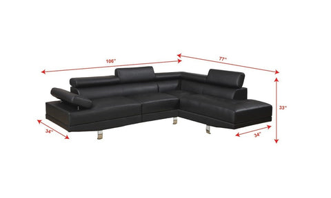 Sectional Living Room Furniture Faux Leather Adjustable Headrest Right Facing Chaise & Left Facing Sofa Black Color