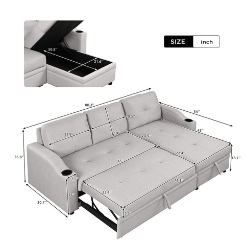 80.3" Orisfur. Pull Out Sofa Bed Modern Padded Upholstered Sofa Bed , Linen Fabric 3 Seater Couch with Storage Chaise and Cup Holder , Small Couch for Small Spaces