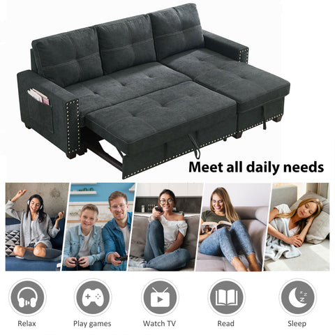 Ucloveria Reversible Sectional Sofa Couch With Sleeper Bed And Storage Chaise - L-Shape Lounge 2 In 1 Sectional Couch In Soft Black Linen Fabric