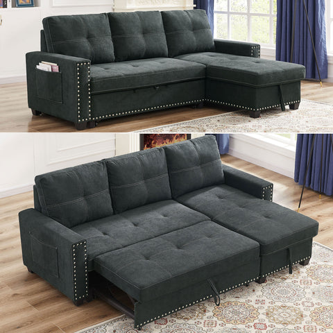 Ucloveria Reversible Sectional Sofa Couch With Sleeper Bed And Storage Chaise - L-Shape Lounge 2 In 1 Sectional Couch In Soft Black Linen Fabric