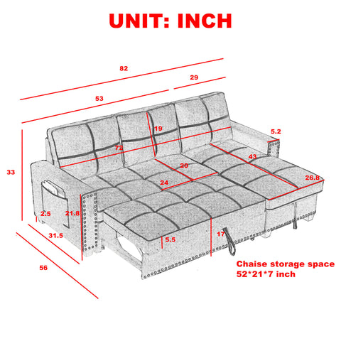 Ucloveria Reversible Sectional Sofa Couch With Sleeper Bed And Storage Chaise - L-Shape Lounge 2 In 1 Sectional Couch In Soft Black Linen Fabric