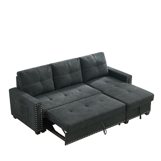 Ucloveria Reversible Sectional Sofa Couch With Sleeper Bed And Storage Chaise - L-Shape Lounge 2 In 1 Sectional Couch In Soft Black Linen Fabric