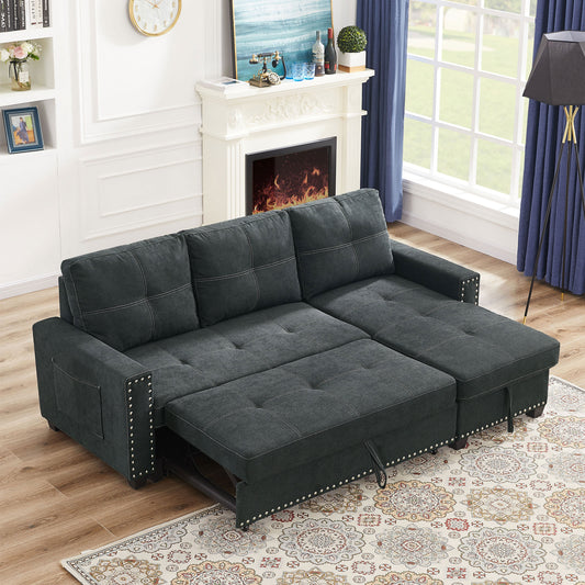 Ucloveria Reversible Sectional Sofa Couch With Sleeper Bed And Storage Chaise - L-Shape Lounge 2 In 1 Sectional Couch In Soft Black Linen Fabric