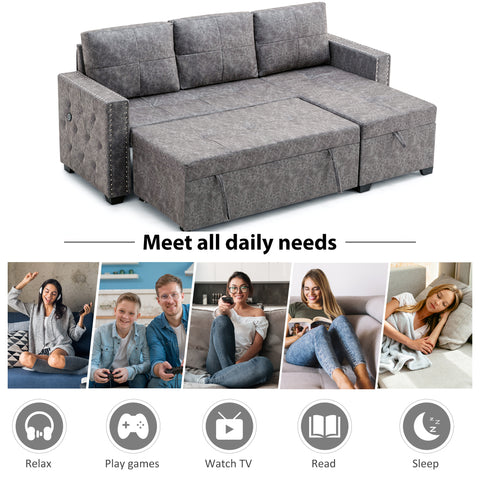 84" L Sectional Sofa with 2 USB Charger,2 seats  Sofa Bed With  Storage chaise,Sleeper Independent Use as Coffee Table,Nail headed,3-seat