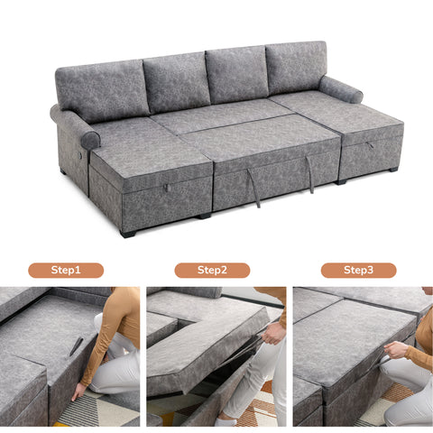 108.75" Sectional U-Shaped Sofa with 2 USB Chargers,2-seat  Sofa Bed With Double Storage Chaise longue,Sleeper Independent Used as Coffee Table,Seating Capacity 6