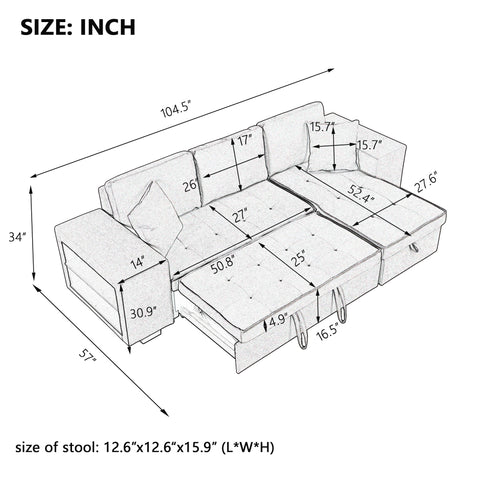 Orisfur. 104" Pull Out Sleeper Sofa Reversible L-Shape 3 Seat Sectional Couch with Storage Chaise and 2 Stools for Living Room Furniture Set