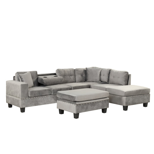 106.5" Modern Sectional Sofa with Storage Ottoman, L-Shape Couch with 2 Pillows and Cup Holder,Sectional Sofa with Reversible Chaise for Living Room,Gray