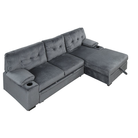 95.7" Modern Padded Upholstered  Sofa Bed Sleeper Sectional Sofa with Storage Chaise and Cup Holder for Living Room Furniture Set