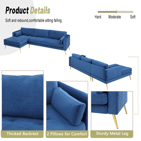 Orisfur. Sectional Sofa with Two Pillows, L-Shape Upholstered Couch with Modern Elegant Velvet for Living Room Apartment