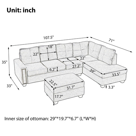 Orisfur. Reversible Sectional Sofa Space Saving with Storage Ottoman Rivet Ornament L-shape Couch for Large Space Dorm Apartment