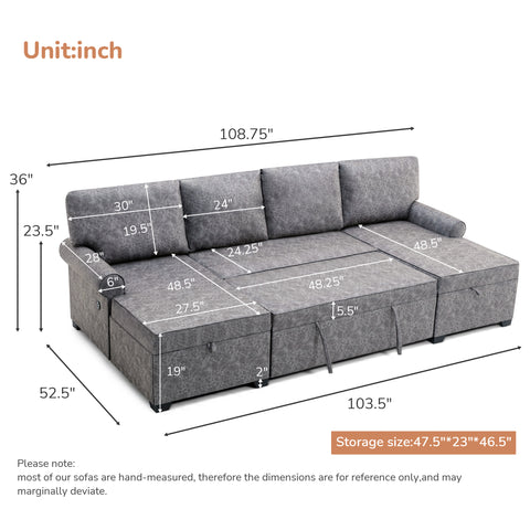 108.75" Sectional U-Shaped Sofa with 2 USB Chargers,2-seat  Sofa Bed With Double Storage Chaise longue,Sleeper Independent Used as Coffee Table,Seating Capacity 6