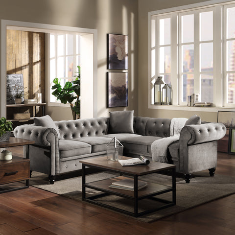 [VIDEO provided] 80*80*28" Deep Button Tufted Velvet Upholstered Rolled Arm Classic Chesterfield L Shaped Sectional Sofa 3 Pillows Included-Grey