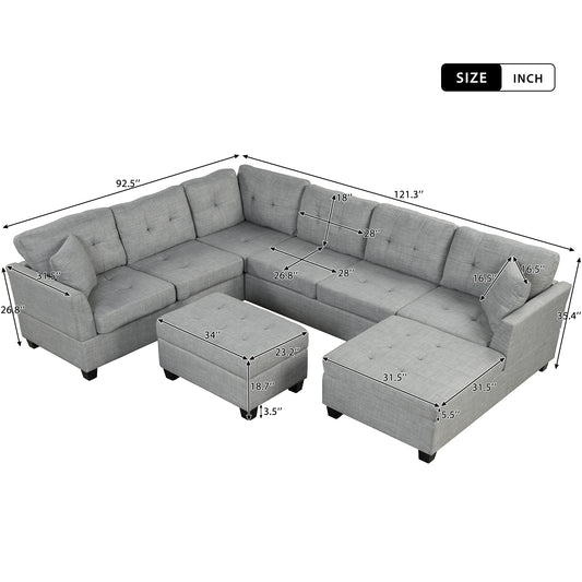 121.3" Oversized Sectional Sofa with Storage Ottoman, U Shaped Sectional Couch with 2 Throw Pillows  for Large Space Dorm Apartment.