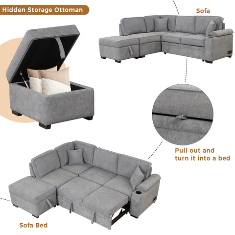 87.4" Sleeper Sofa Bed,2 in 1 Pull Out sofa bed L Shape Couch with Storage Ottoman for Living Room,Bedroom Couch and Small Apartment，Gray