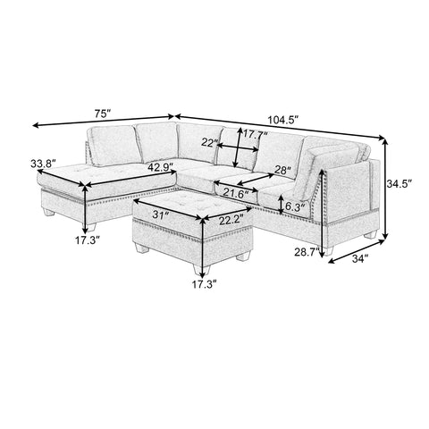 Orisfur. Reversible Sectional Sofa Space Saving with Storage Ottoman Rivet Ornament L-shape Couch for Small or Large Space Dorm Apartment