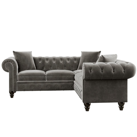 [VIDEO provided] 80*80*28" Deep Button Tufted Velvet Upholstered Rolled Arm Classic Chesterfield L Shaped Sectional Sofa 3 Pillows Included-Grey