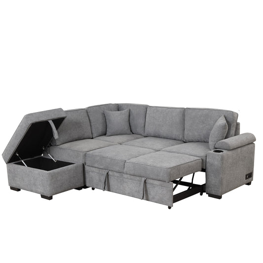 87.4" Sleeper Sofa Bed,2 in 1 Pull Out sofa bed L Shape Couch with Storage Ottoman for Living Room,Bedroom Couch and Small Apartment，Gray