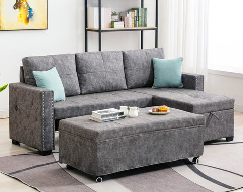 84" L Sectional Sofa with 2 USB Charger,2 seats  Sofa Bed With  Storage chaise,Sleeper Independent Use as Coffee Table,Nail headed,3-seat