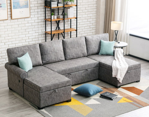 108.75" Sectional U-Shaped Sofa with 2 USB Chargers,2-seat  Sofa Bed With Double Storage Chaise longue,Sleeper Independent Used as Coffee Table,Seating Capacity 6