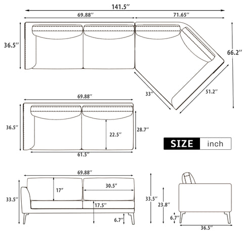 [Video]141.5" Huge a Shaped Corner Sofa with Metal Legs,Large Corner Wedge with Deep Seat,99% Finished, Modern English Arm,Right-handed,Leathaire Fabric,Grey