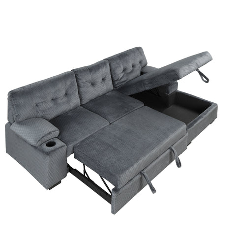 95.7" Modern Padded Upholstered  Sofa Bed Sleeper Sectional Sofa with Storage Chaise and Cup Holder for Living Room Furniture Set