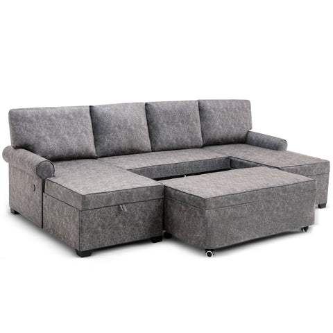 108.75" Sectional U-Shaped Sofa with 2 USB Chargers,2-seat  Sofa Bed With Double Storage Chaise longue,Sleeper Independent Used as Coffee Table,Seating Capacity 6