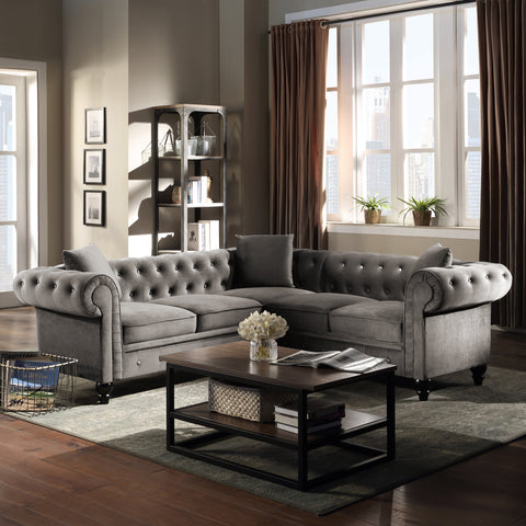 [VIDEO provided] 80*80*28" Deep Button Tufted Velvet Upholstered Rolled Arm Classic Chesterfield L Shaped Sectional Sofa 3 Pillows Included-Grey