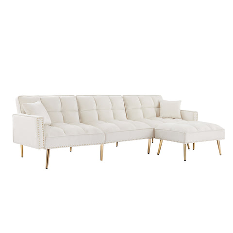 cream white Velvet Upholstered Reversible Sectional Sofa Bed , L-Shaped Couch with Movable Ottoman For Living Room.